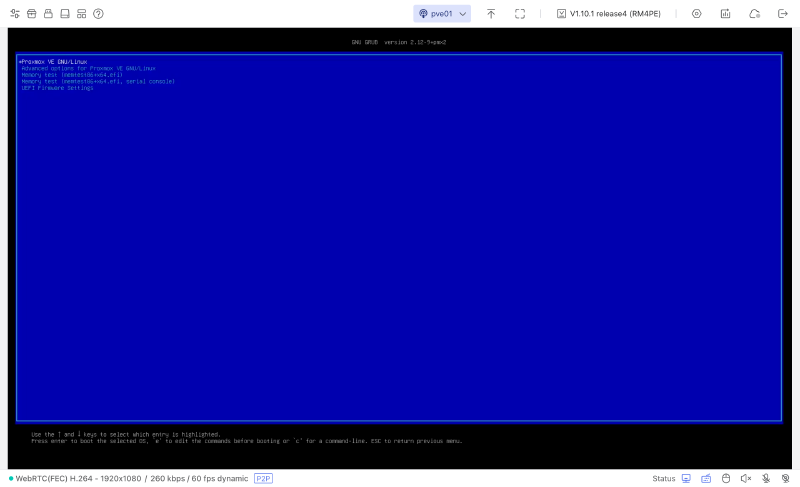 Le menu GRUB de pve01 avec l’entrée UEFI Firmware Settings