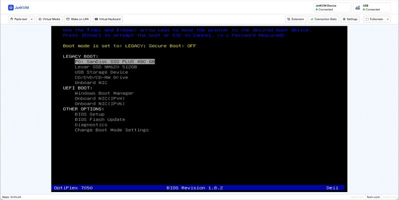 Interface web du JetKVM affichant la console d’un OptiPlex