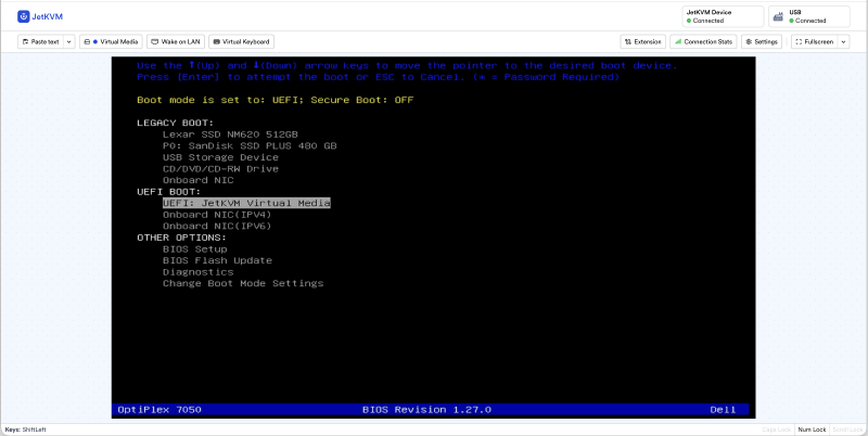 Menu de boot Dell en UEFI avec l’entrée JetKVM Virtual Media