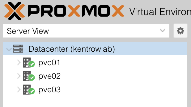 Le cluster kentrowlab dans l’interface Proxmox avec ses trois nœuds en ligne