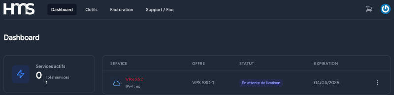 Dashboard HMS - Commande d&rsquo;un serveur